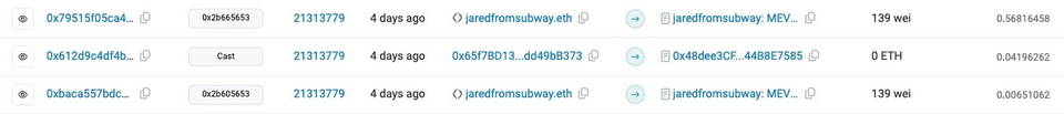 Screenshot from etherscan.io of the notorious jaredfromsubway sandwiching a user out of $35,000.